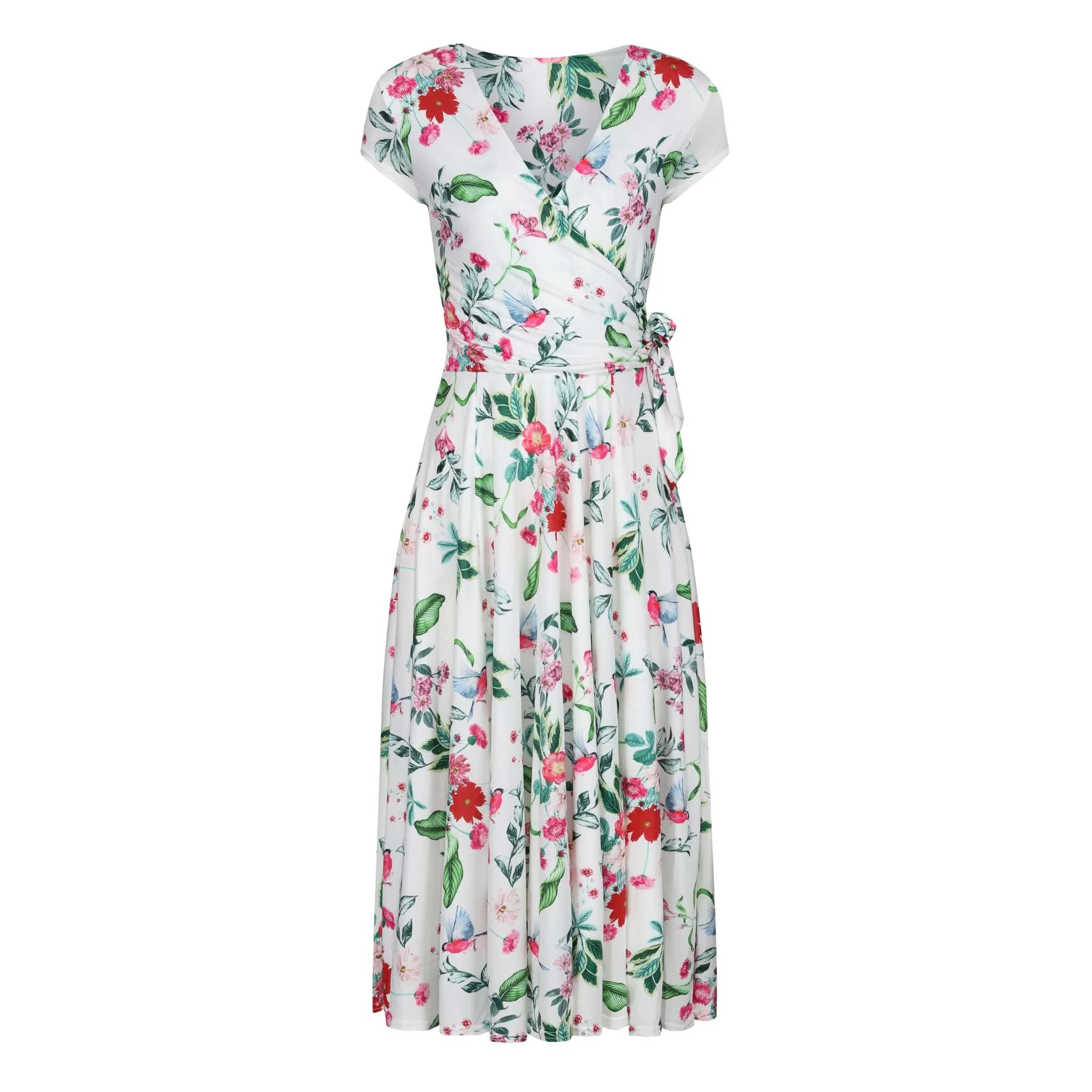 White Floral Bird Print Cap Sleeve Crossover Top Swing Dress