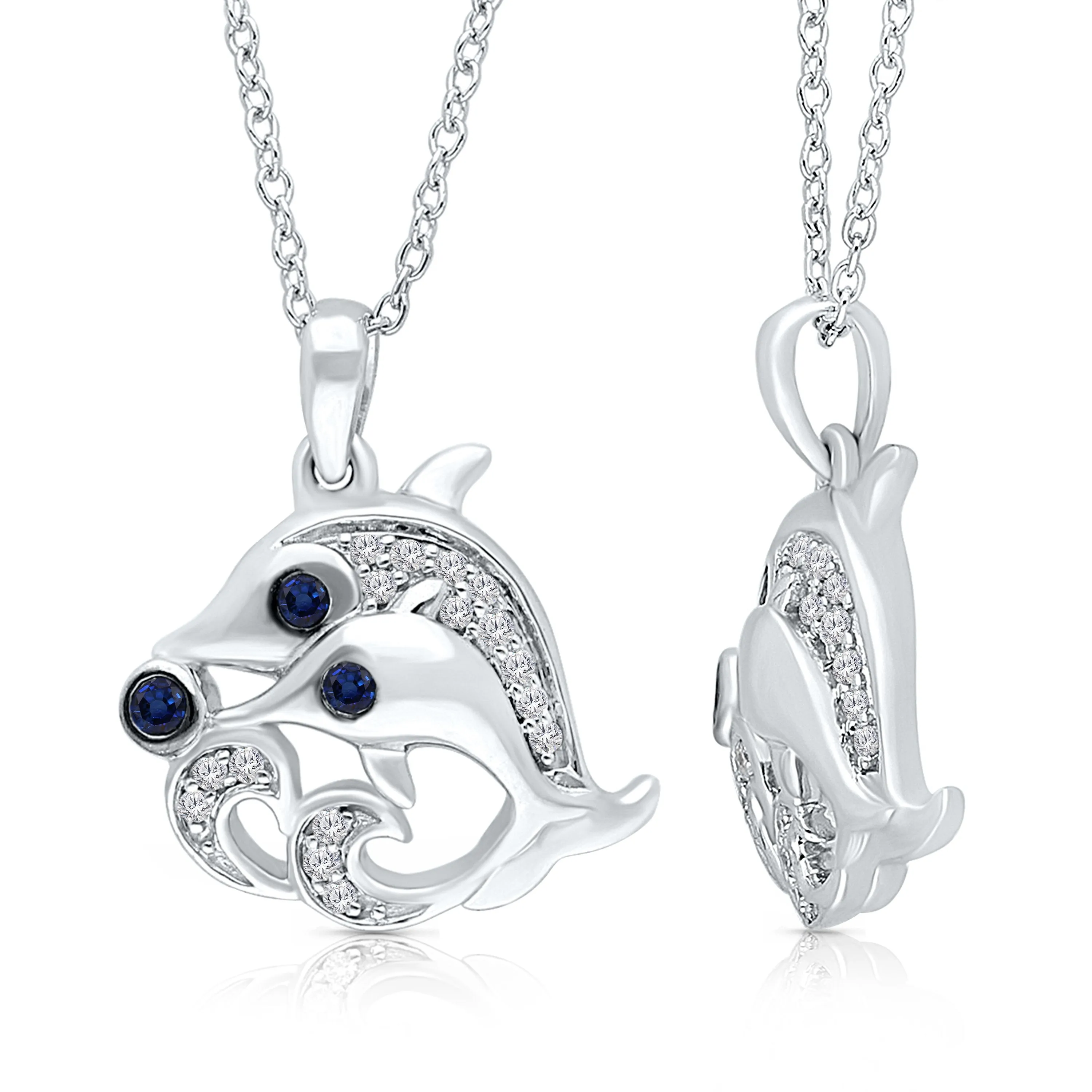 White Gold Sapphire & White Diamond Dolphins Pendant