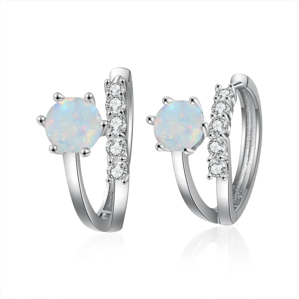 White Opal Hoop Earrings For Women