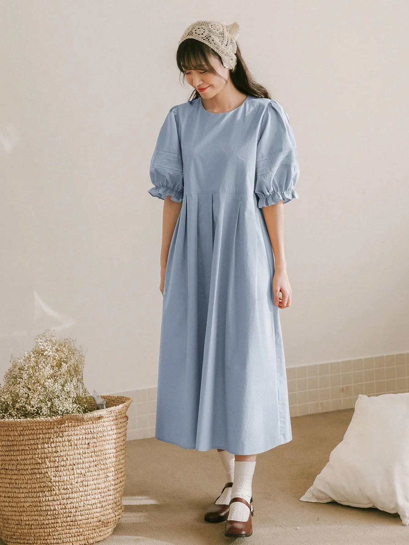 White Oversized Cotton Puff Sleeve Smock Dress, (S-XL)