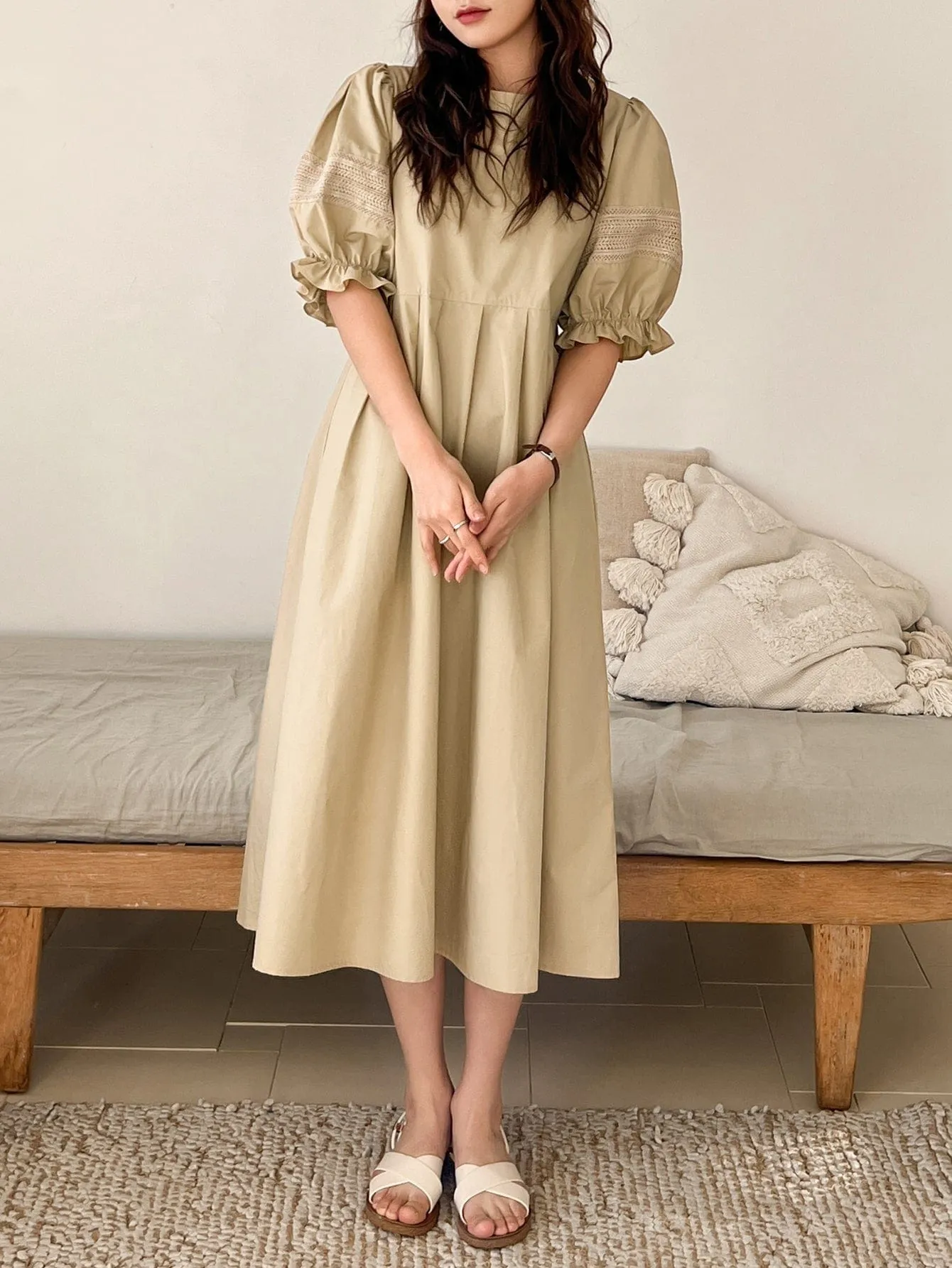 White Oversized Cotton Puff Sleeve Smock Dress, (S-XL)