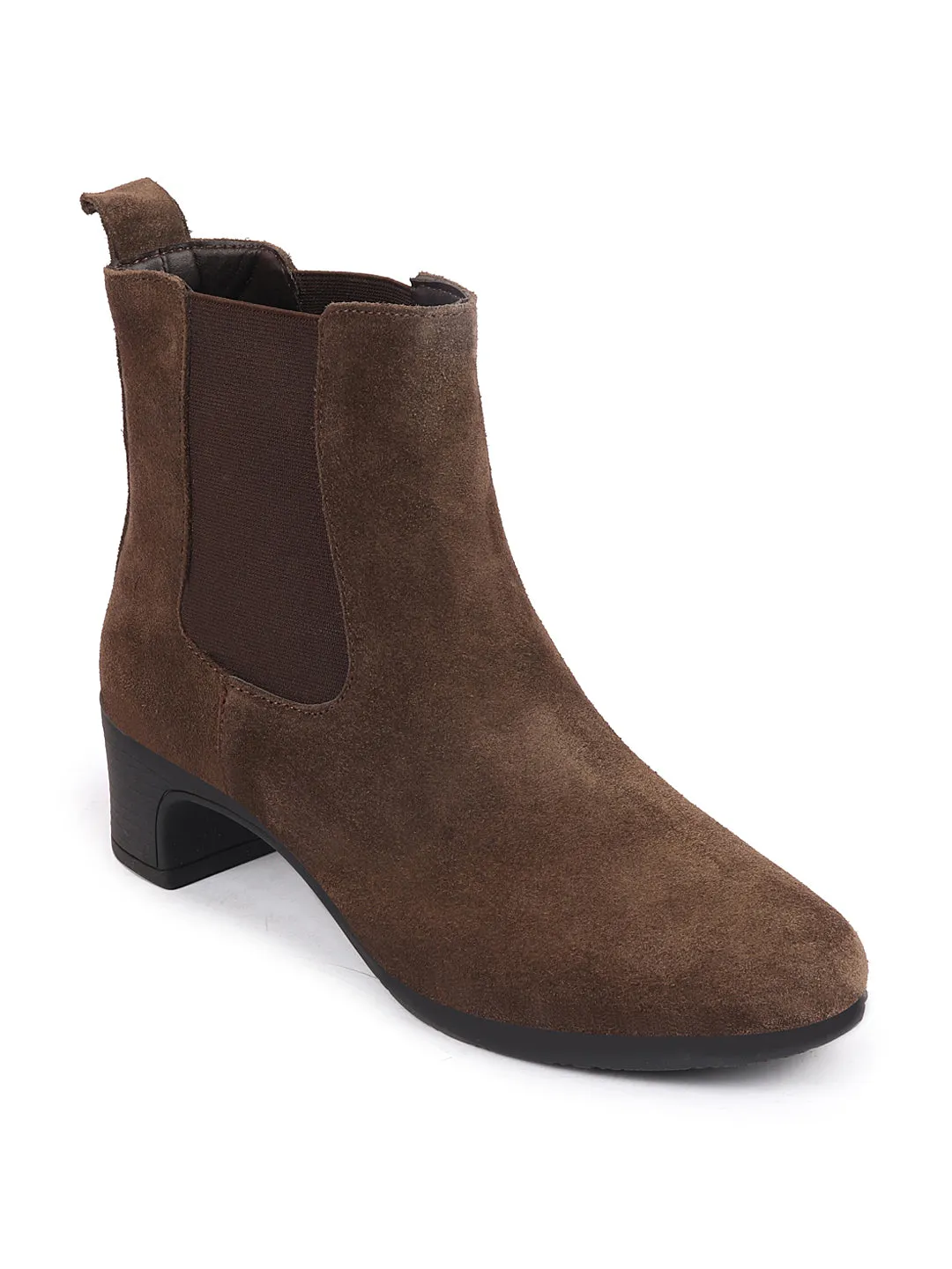 Women Brown Flared Heel High Ankle Suede Leather Classic Winter Chelsea Boots