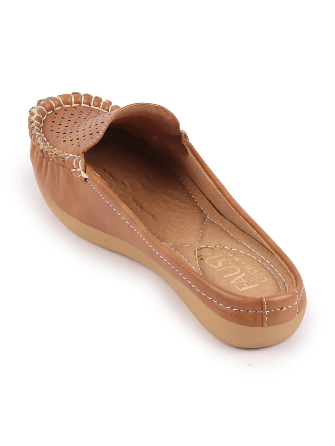 Women Tan Side Stitched Laser Cut Design Back Open Slip On Mules Shoes